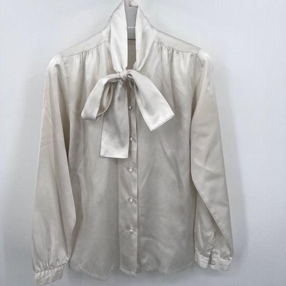 Vintage 70s Nordstrom Silky Pussybow Blouse Creamy White - Picture 1 of 6